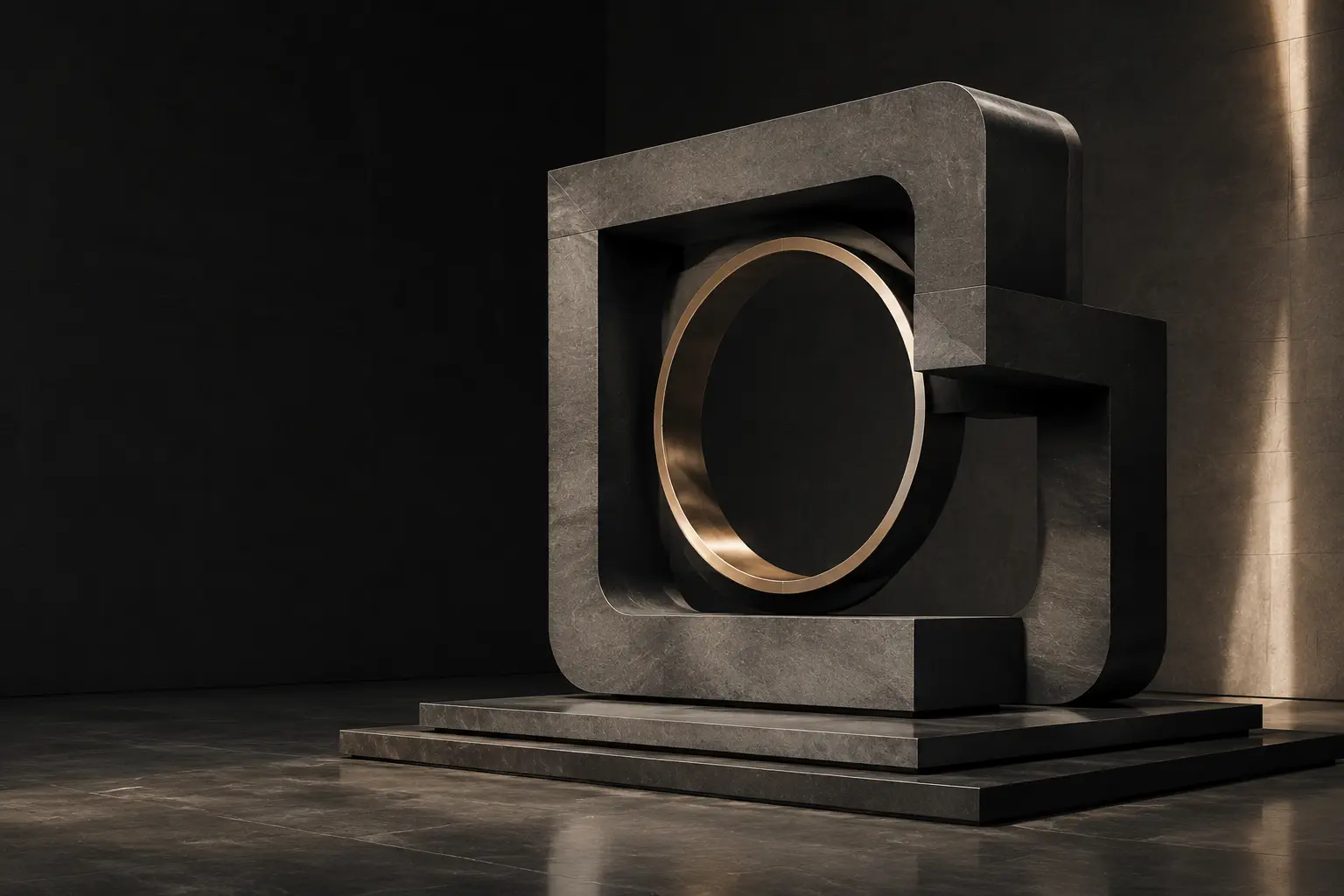 A monumental charcoal stone sculpture with a champagne bronze ring in a dark architectural gallery